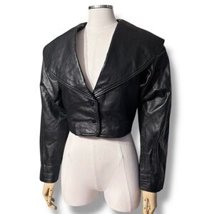 TANNERY WEST Black Leather Cropped Jacket Shawl Collar Plunge Neckline VINTAGE
